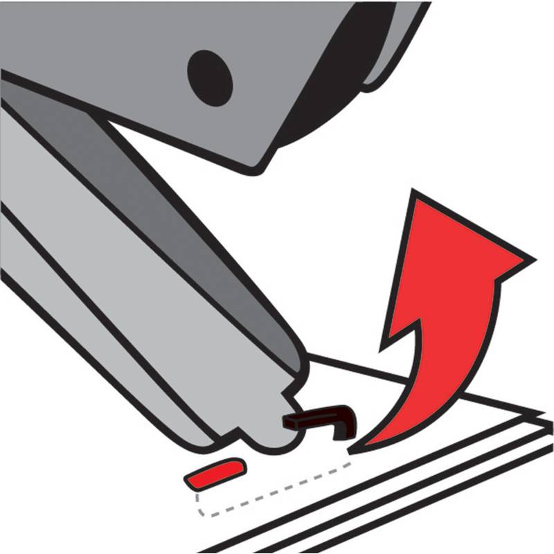 Eine Illustration eines Lochers, der Papier durchstanzt, mit roten Pfeilen, die die Bewegung und Richtung des gestanzten Papierstücks anzeigen.