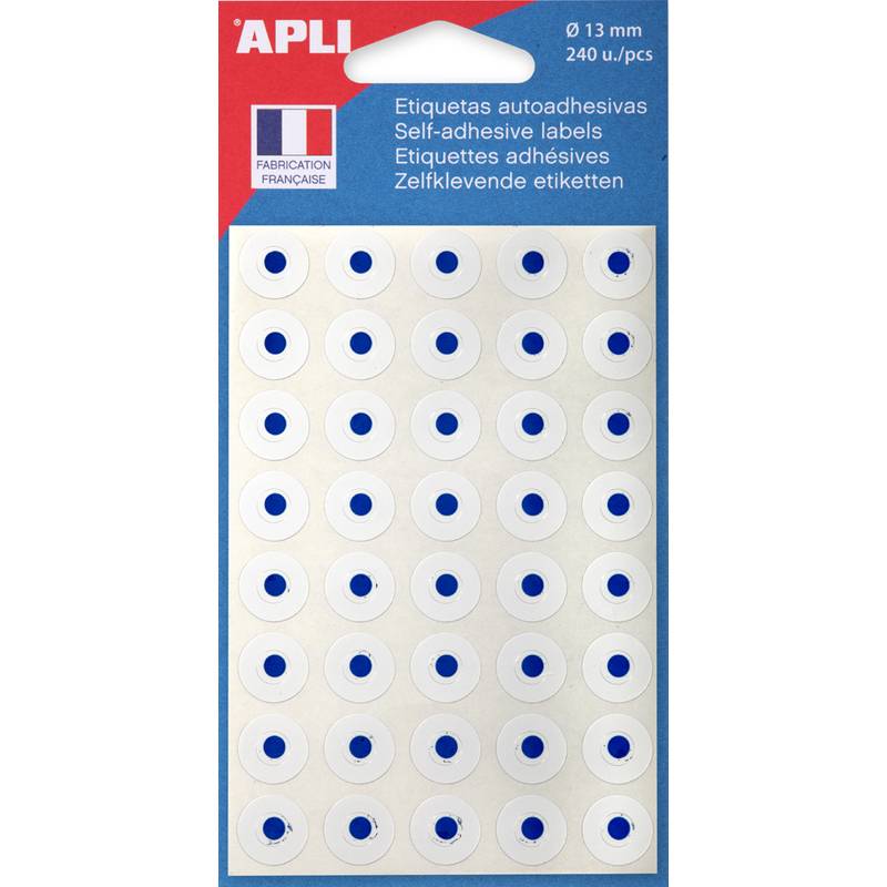 Eine Packung Selbstklebeetiketten, 240 Stück, 13 mm Größe, mit einem blauen Mittelpunkt. Der Markenname 'APLI' ist oben aufgedruckt.