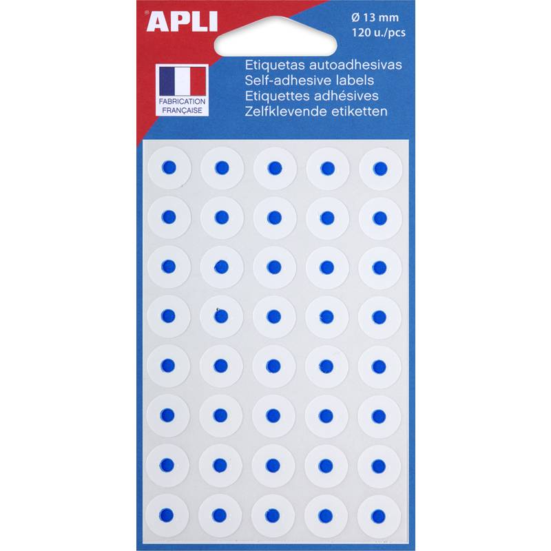 Eine Packung APLI Selbstklebeetiketten mit weißen kreisrunden Aufklebern, die einen blauen Punkt in der Mitte haben, 13 mm im Durchmesser, 120 Stück.