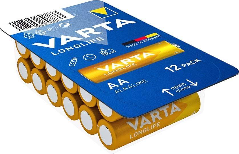 Ein 12er-Pack Varta Longlife AA-Alkalibatterien in einer blauen Verpackung mit der Aufschrift 