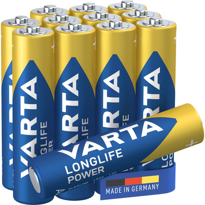 Ein 12er Pack blauer und gelber VARTA LONGLIFE Power Alkalibatterien mit „MADE IN GERMANY