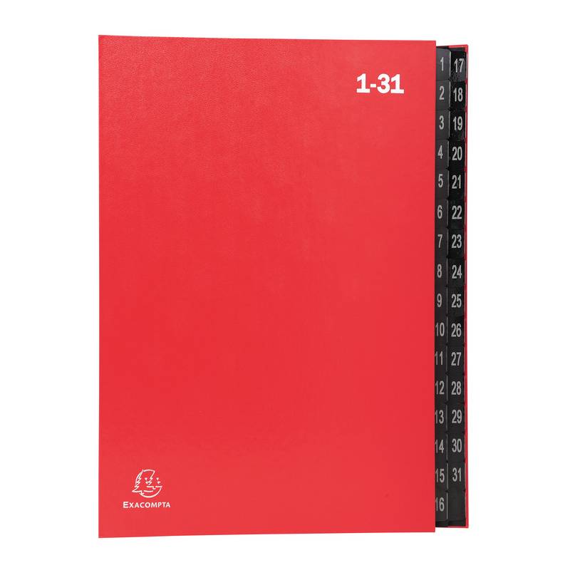Exacompta-Ordner in Rot mit schwarzen Registerreiter beschriftet 1-31, verwendet zur Organisierung von Dokumenten nach Tagen des Monats.