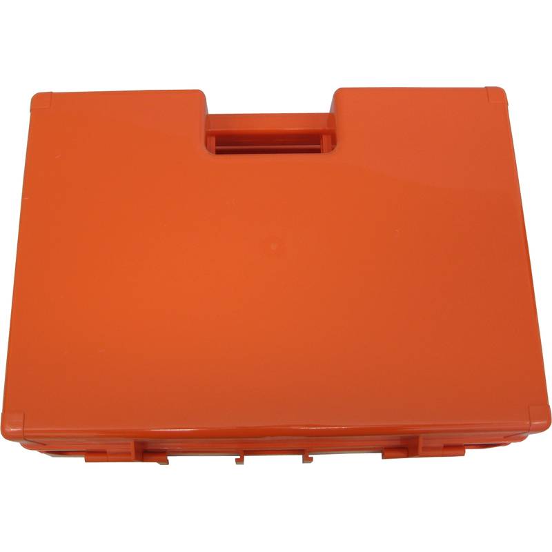 Ein orangefarbener Plastikwerkzeugkoffer mit Griff, geschlossen und von oben gezeigt, zum Aufbewahren und Organisieren von Werkzeugen.