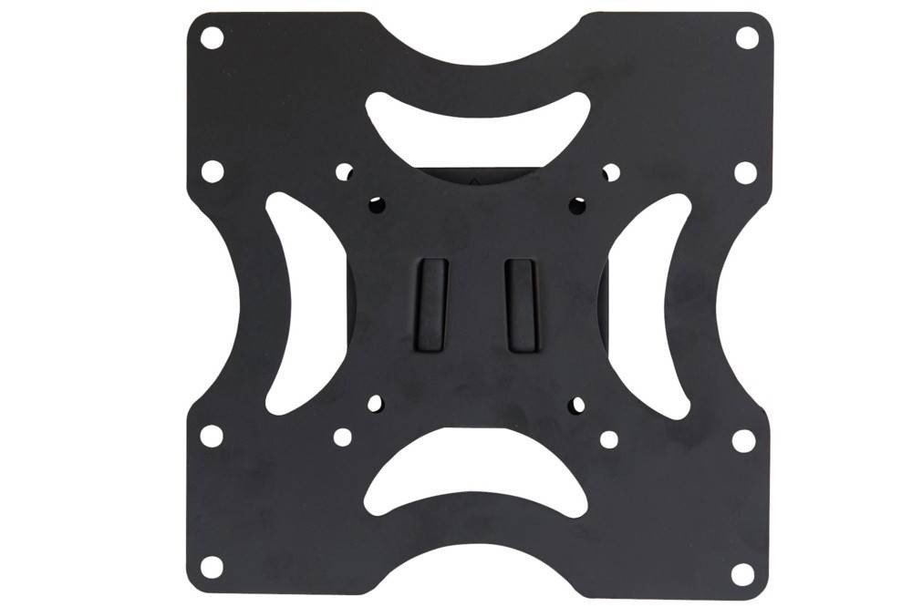 Eine schwarze, quadratische Metallhalterung mit mehreren Löchern und Schlitzen zum Befestigen, wahrscheinlich zum Anbringen eines Bildschirms oder Geräts an einer Oberfläche.