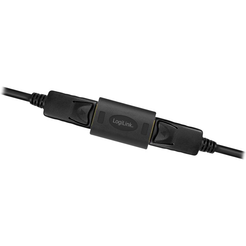 Schwarzer In-Line-Schalter mit einem 'LogiLink'-Logo, der zwischen zwei Kabeln angeschlossen ist und zum Steuern von Strom oder Signalfluss verwendet wird.