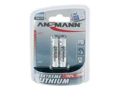 Blisterpackung mit zwei ANSMANN Micro-AAA-Lithiumbatterien mit der Bezeichnung „Extreme Lithium