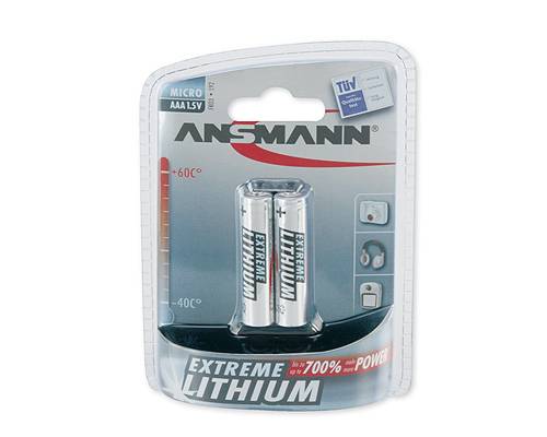 Paket mit zwei ANSMANN Extreme Lithium AAA-Batterien in Einzelhandels-Blisterpackung, mit Kennzeichnung „MICRO AAA 1,5V