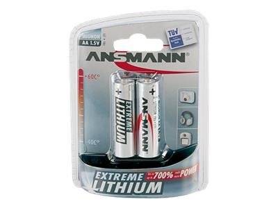 Verpackung für zwei Ansmann AA 1,5V Extreme Lithium-Batterien in einer transparenten Blisterverpackung.
