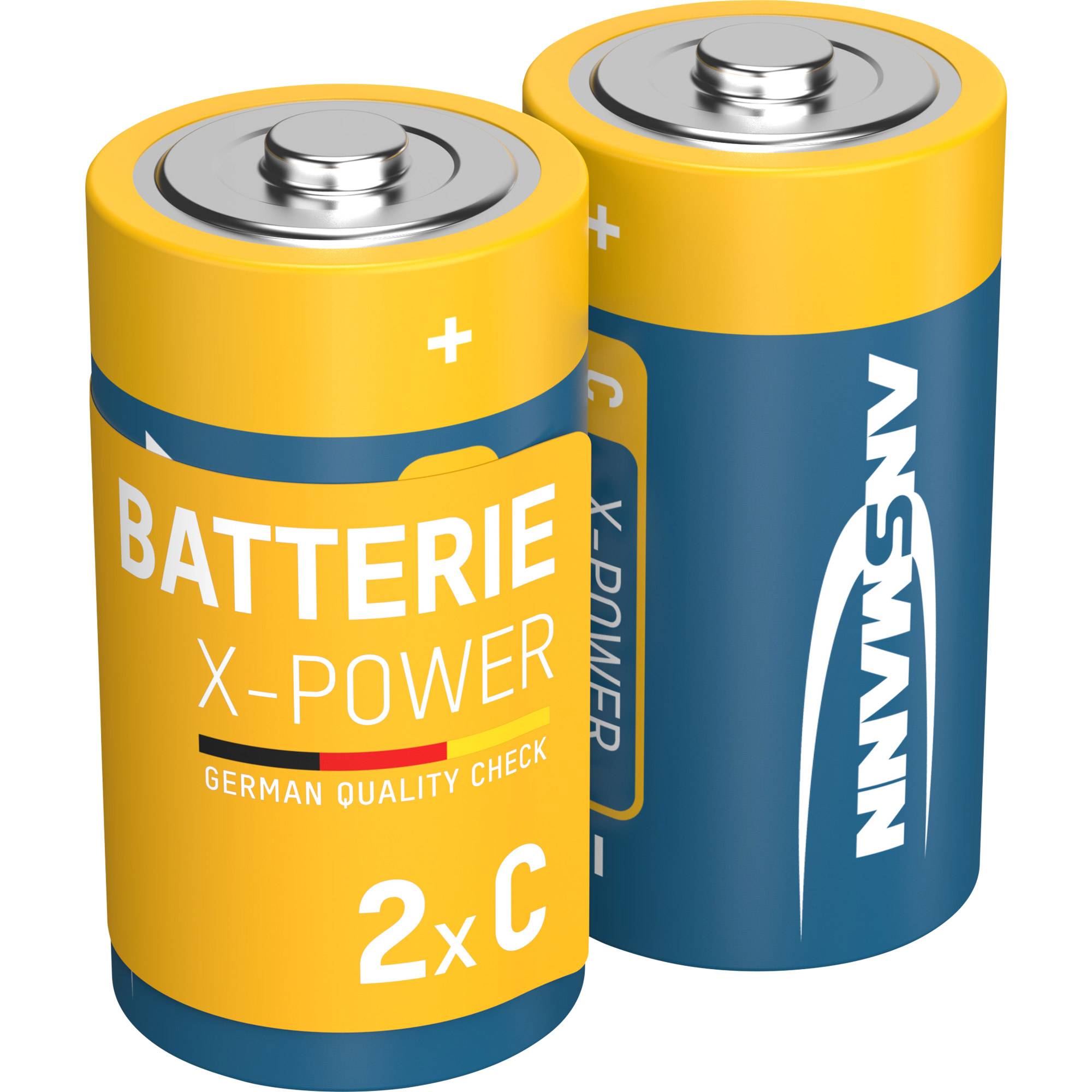 Zwei gelb-blau gefärbte C-Batterien mit den Aufschriften „BATTERIE X-POWER