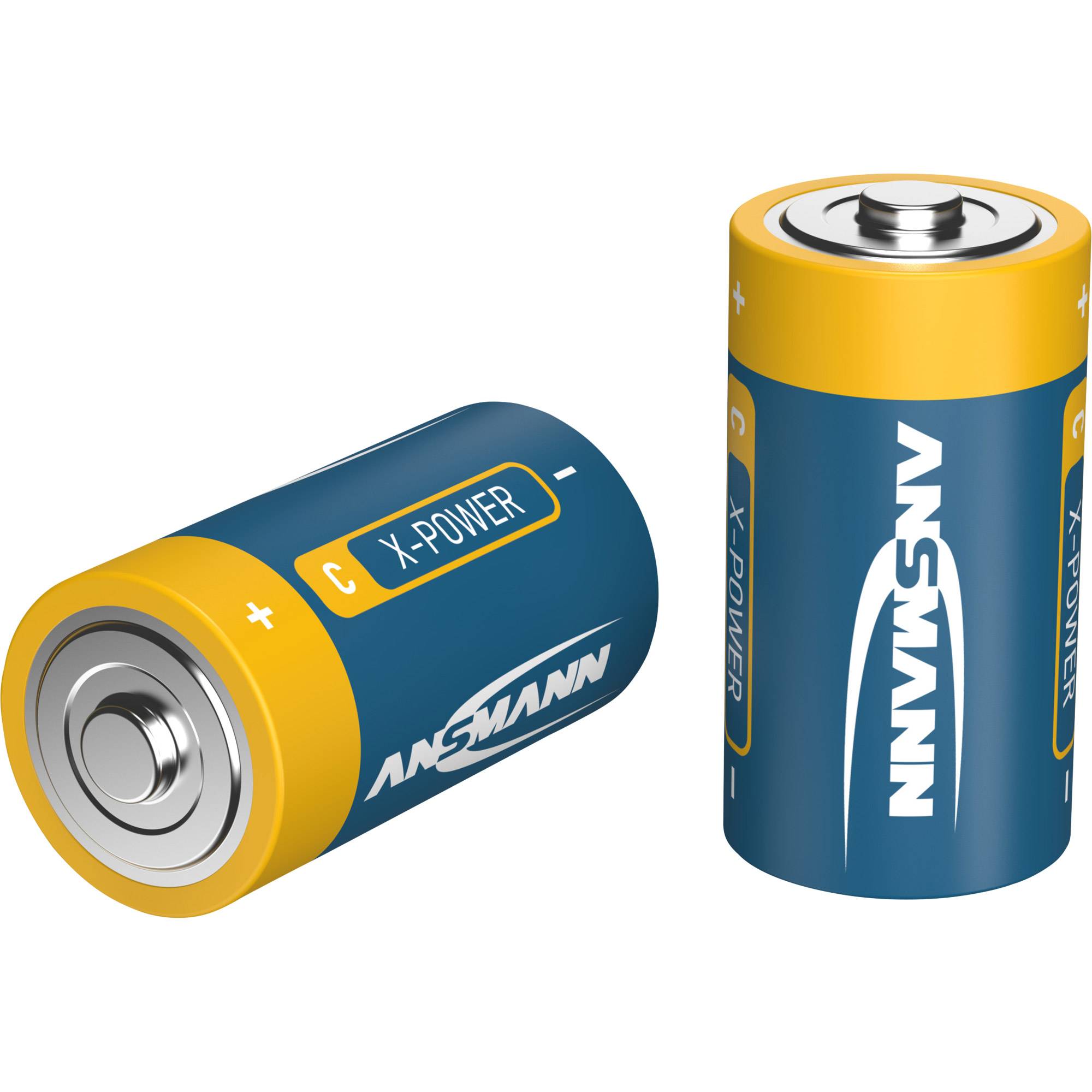 Zwei blau-gelbe ANSMANN X-POWER Batterien, eine auf der Seite liegend und eine aufrecht stehend, auf weißem Hintergrund.