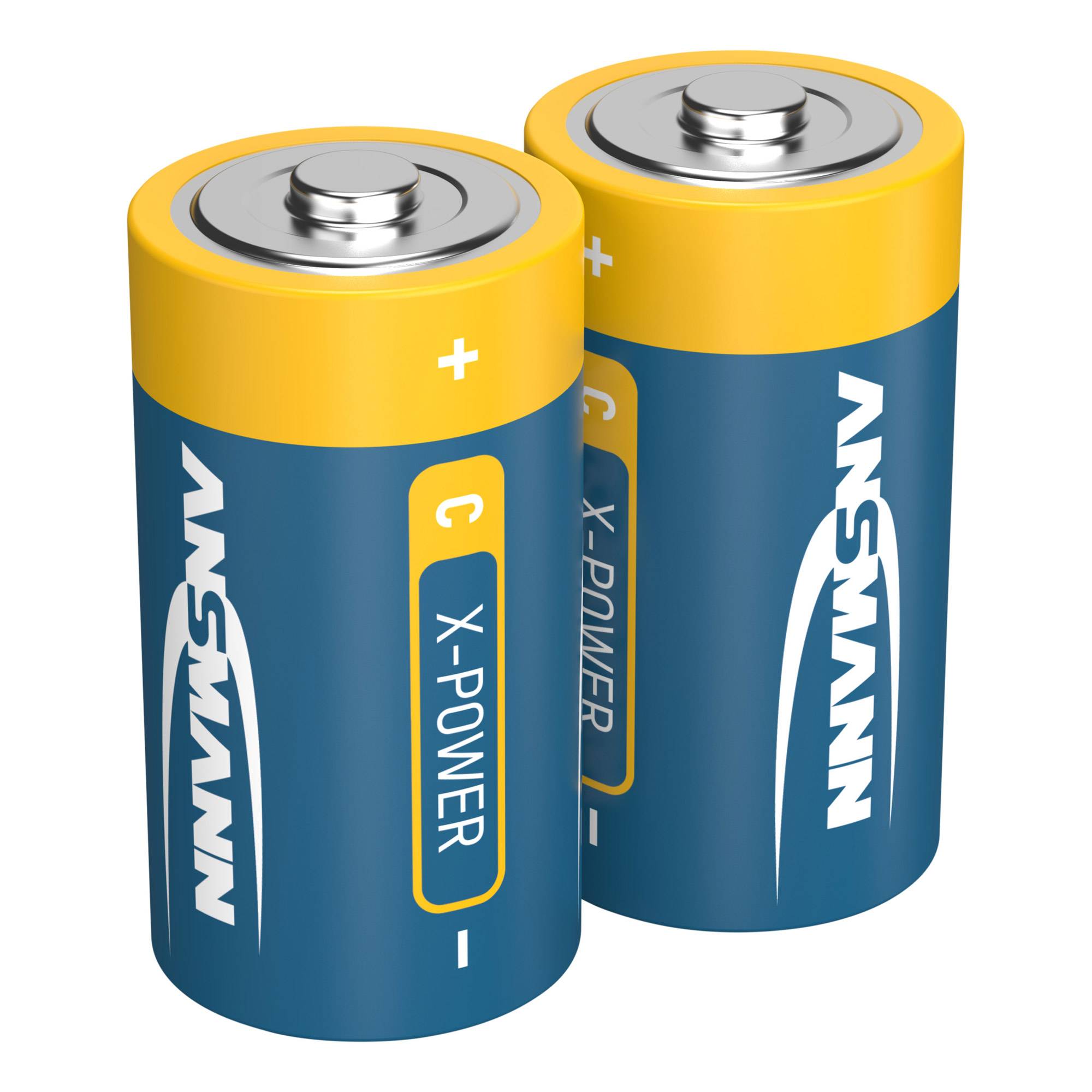Zwei aufrecht stehende blau-gelbe Energizer C-Batterien mit sichtbaren positiven und negativen Anschlüssen.