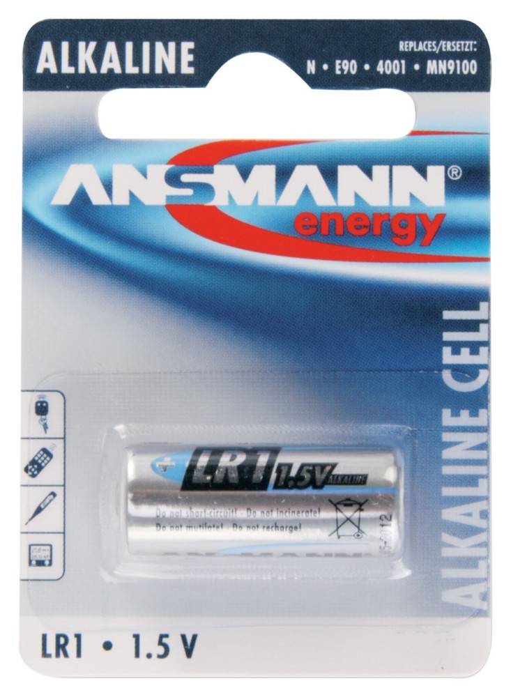 Alkaline-Batterie, LR1, 1,5V, von Ansmann Energy, in einer Einzelhandelsverpackung für den Einsatz in kleinen elektronischen Geräten.