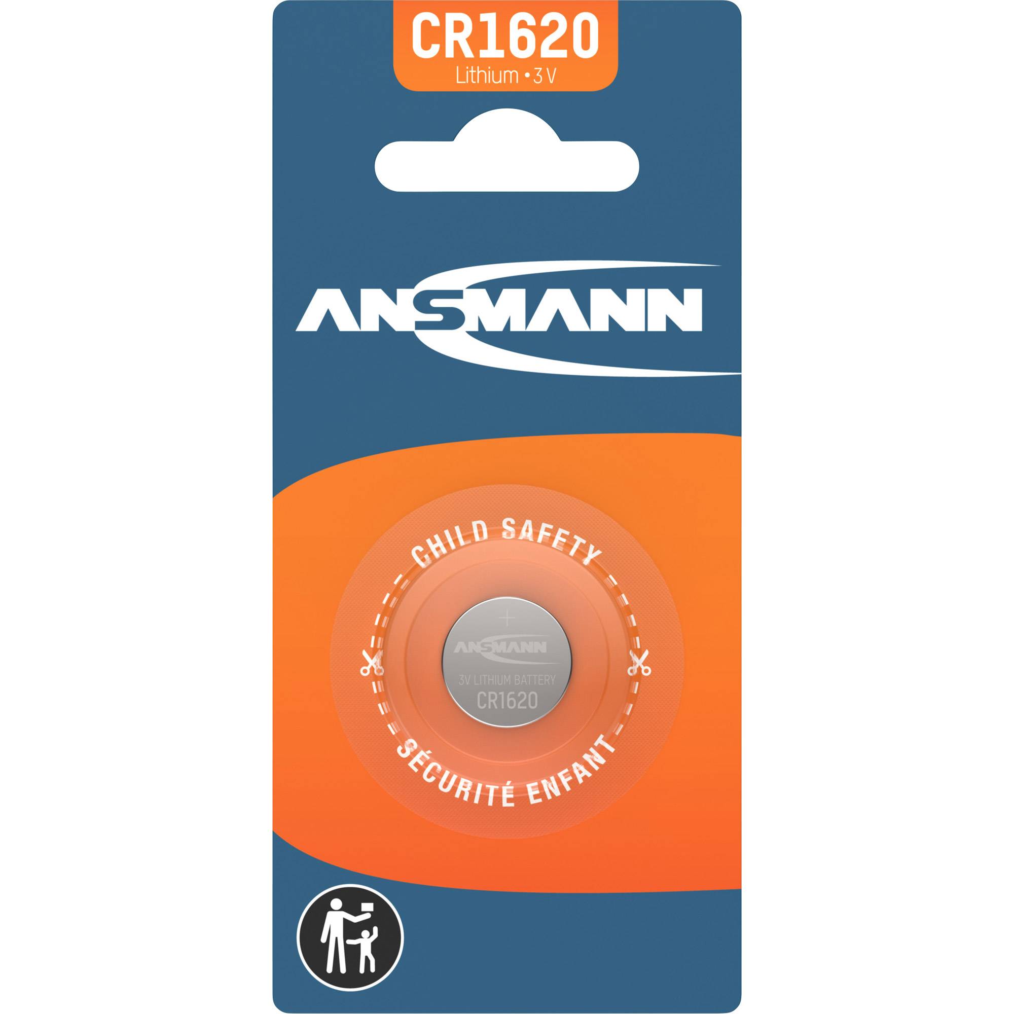 ANS MANN CR1620 Lithium-3V-Batterieverpackung mit kindersicherer Verpackung und einer sichtbaren Knopfzelle in der Mitte.