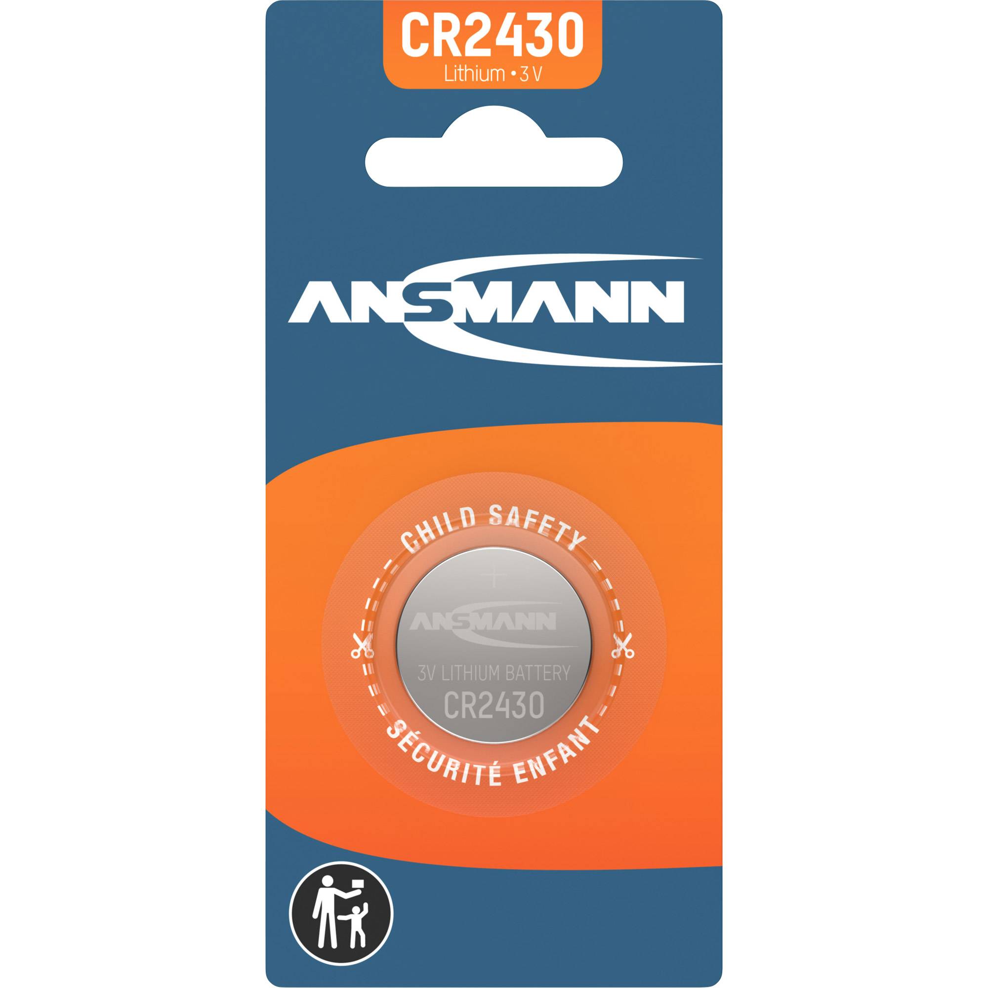 ANS MANN CR2430 Lithium 3V Knopfzellenbatterie in Verpackung mit Kindersicherung und Sicherheitssiegel.
