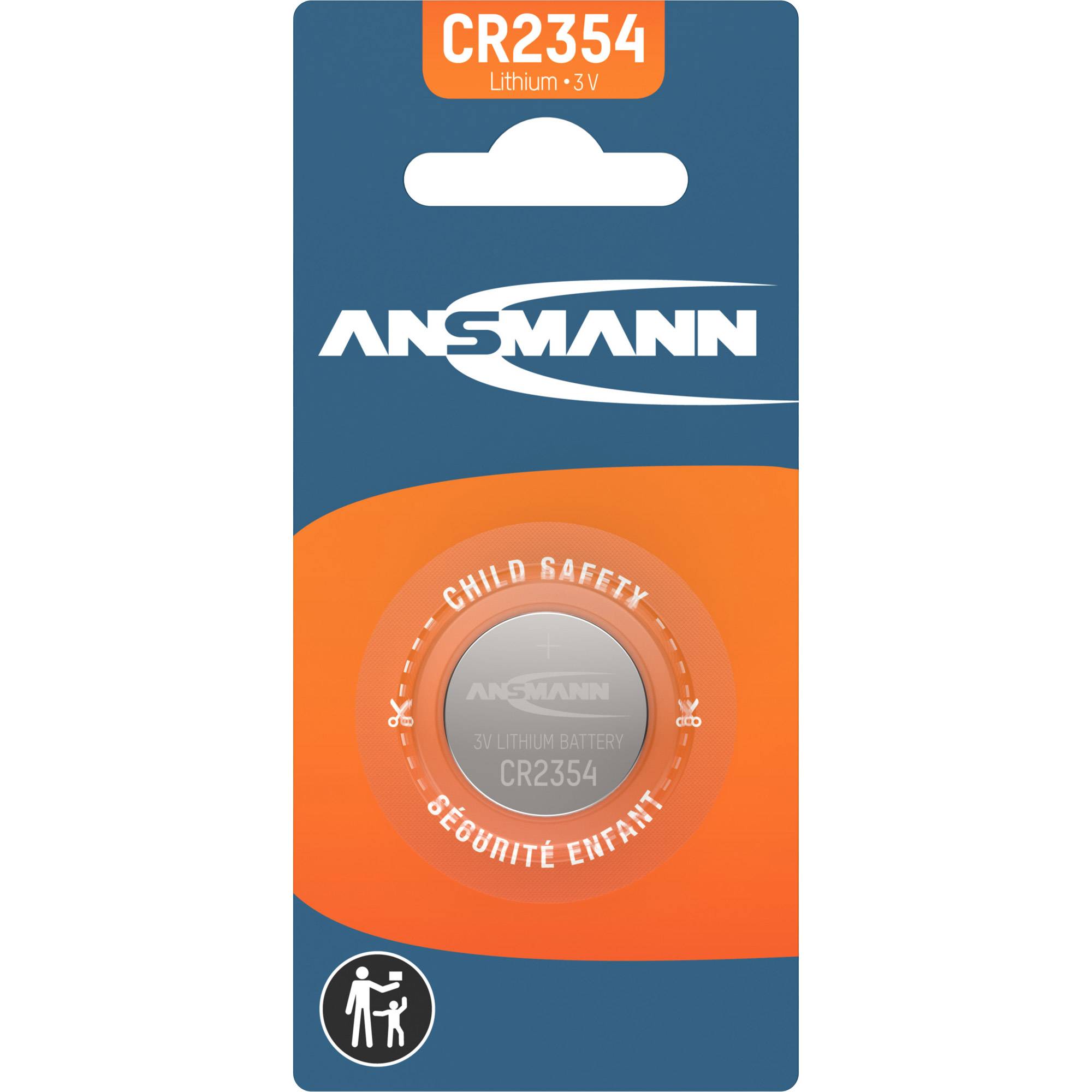 ANSMANN CR2354 Lithium-3V-Batterie in kindersicherer Verpackung, gezeigt in blau-orangener Blisterpackung.