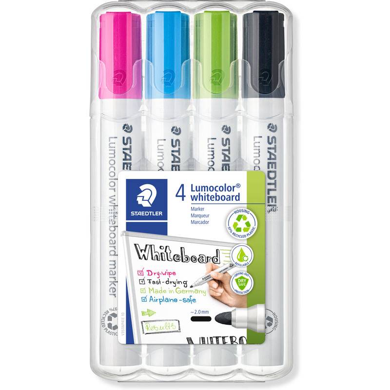 STAEDTLER Lumocolor Whiteboard-Marker' 4er Pack, sortierte Farben. Eigenschaften: trocknungssicher, schnell trocknend und Made in Germany.