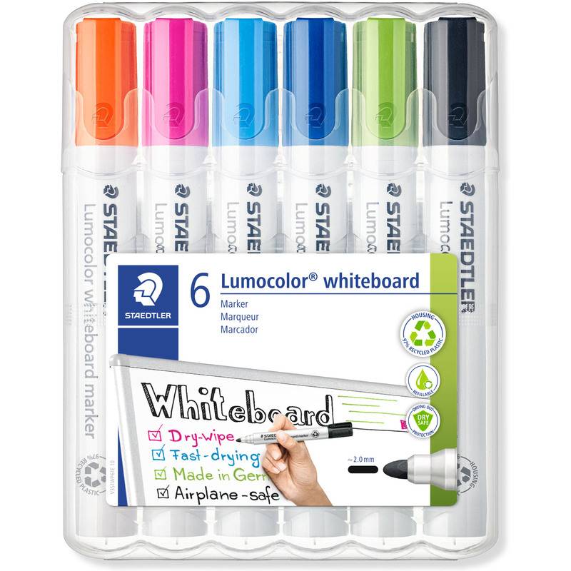 Packung mit sechs Staedtler Lumocolor Whiteboard-Markern in verschiedenen Farben, mit schnell trocknender und flugtauglicher Eigenschaften.