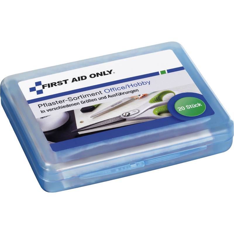 Blaue Erste-Hilfe-Box aus Kunststoff mit der Aufschrift 'Pflaster-Sortiment Office/Hobby', die 20 Pflaster in verschiedenen Größen und Formen enthält.