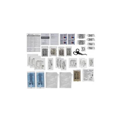 Inhalte eines medizinischen Erste-Hilfe-Kastens ausgelegt, einschließlich Verbandsmaterial, Desinfektionstücher, medizinisches Klebeband, Handschuhe, Schere und Anleitung.