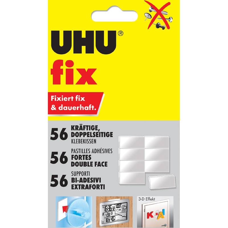 Verpackung für UHU fix doppelseitige Klebepads mit 56 starken Klebepads und mehrsprachiger Produktetikettierung.