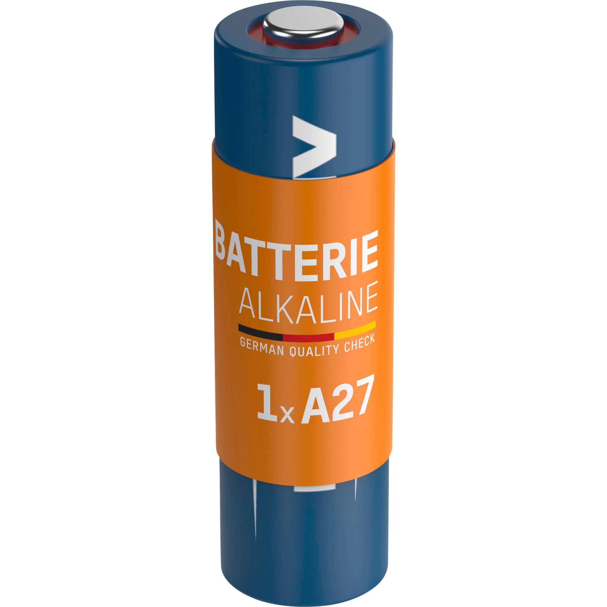 Alkaline-A27-Batterie mit orangem und blauem Etikett mit der Aufschrift „BATTERIE ALKALINE
