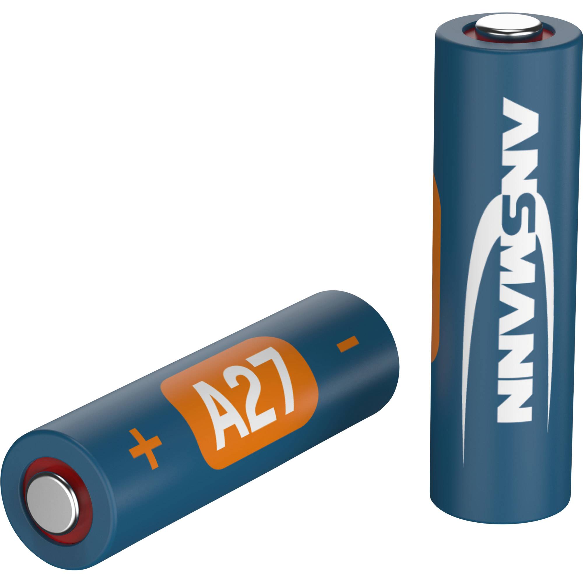 Zwei blaue AA-Batterien auf weißem Hintergrund gezeigt, eine liegt flach und ist mit „A27