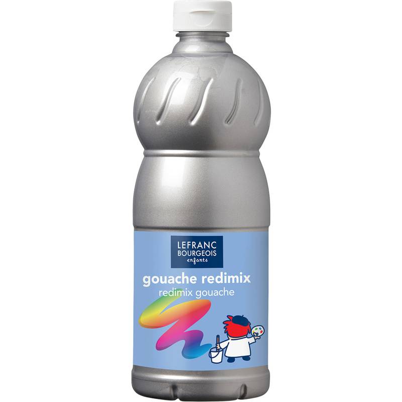 Eine große, graue Flasche mit Lefranc Bourgeois 'Gouache Redimix' Farbe, mit bunten Schwüngen und einer Cartoon-Figur auf dem Etikett.