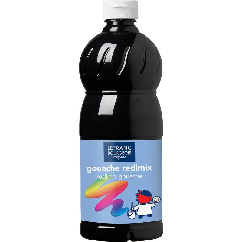 Eine große schwarze Flasche mit Gouache-Farbe von Lefranc Bourgeois, beschriftet mit ‚gouache redimix', mit farbenfrohen Pinselstrichen und einem Cartoon-Künstler.