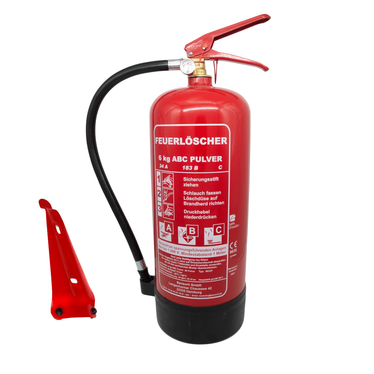 6kg Feuerlöscher, Pulverlöscher, Autolöscher, ABC Pulver, Pulver Feuerlöscher inkl. Halterung und Prüfschild