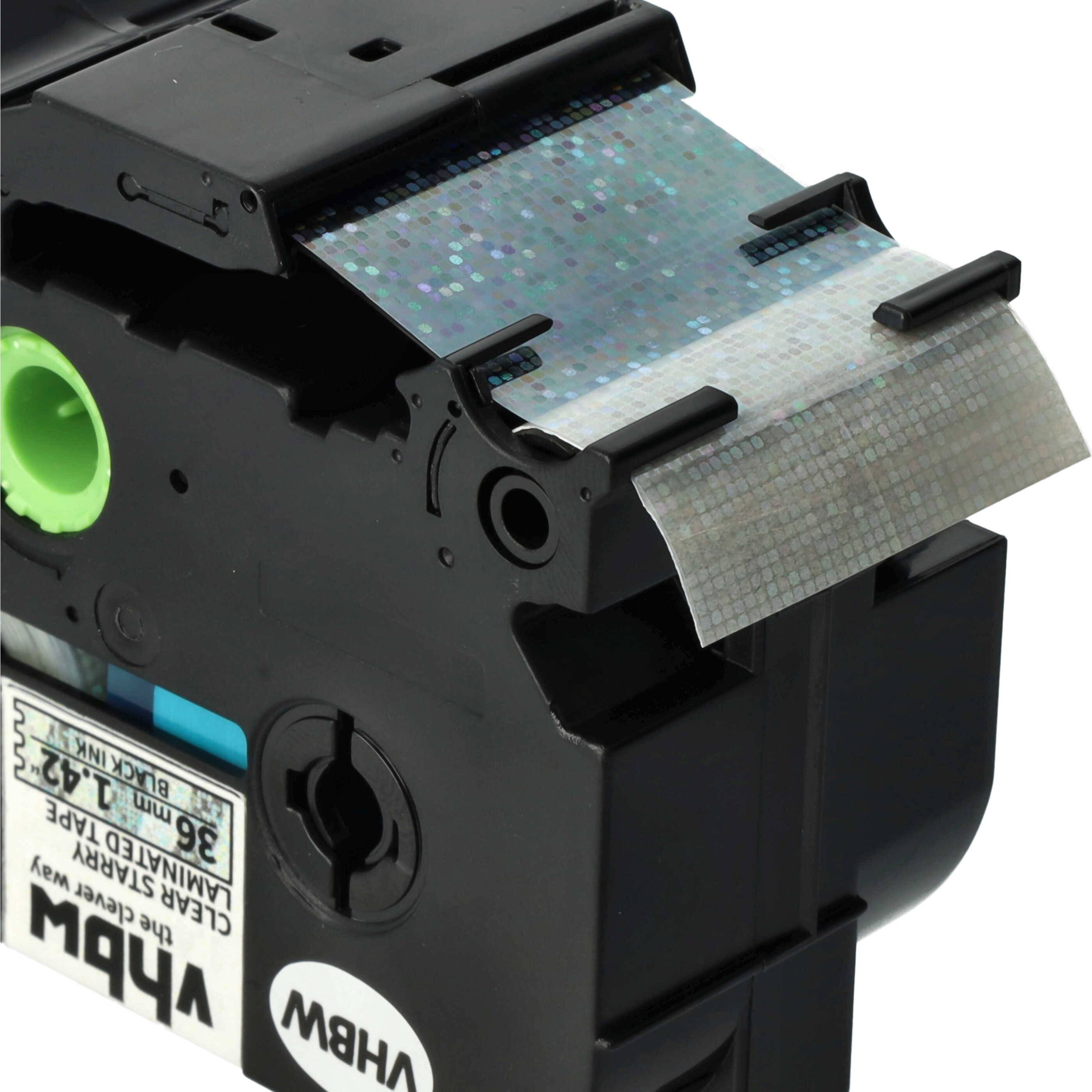 vhbw Schriftband-Kassette kompatibel mit Brother PT E550W, 9800PCN Etiketten-Drucker 8m x 36mm Schwarz auf Transparent (glitzernd), Laminiert