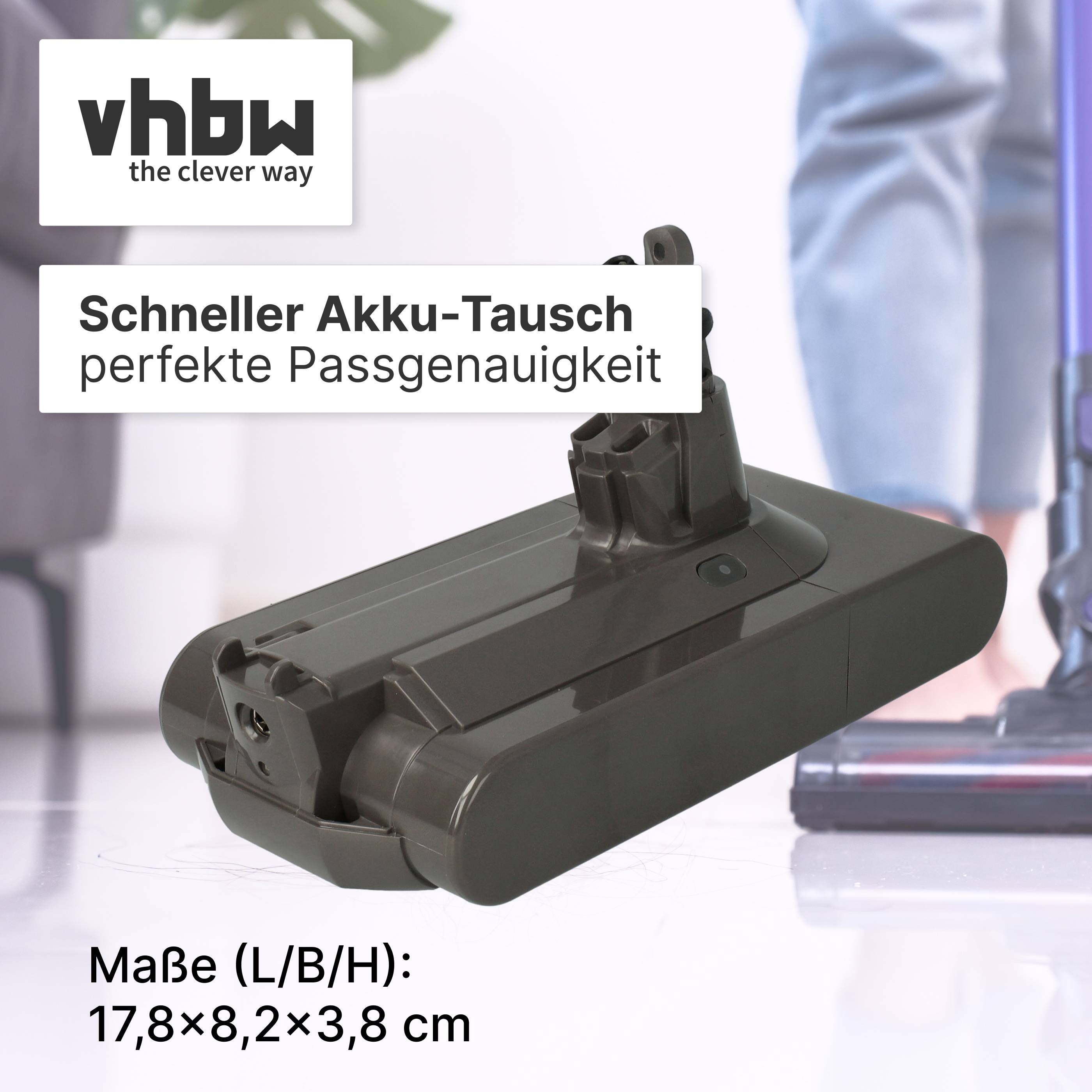 vhbw Anzeige mit einem Ersatz-Akkupack mit dem Text "Schneller Akku-Tausch perfekte Passgenauigkeit"" und Abmessungen 17,8×8,2×3,8 cm.