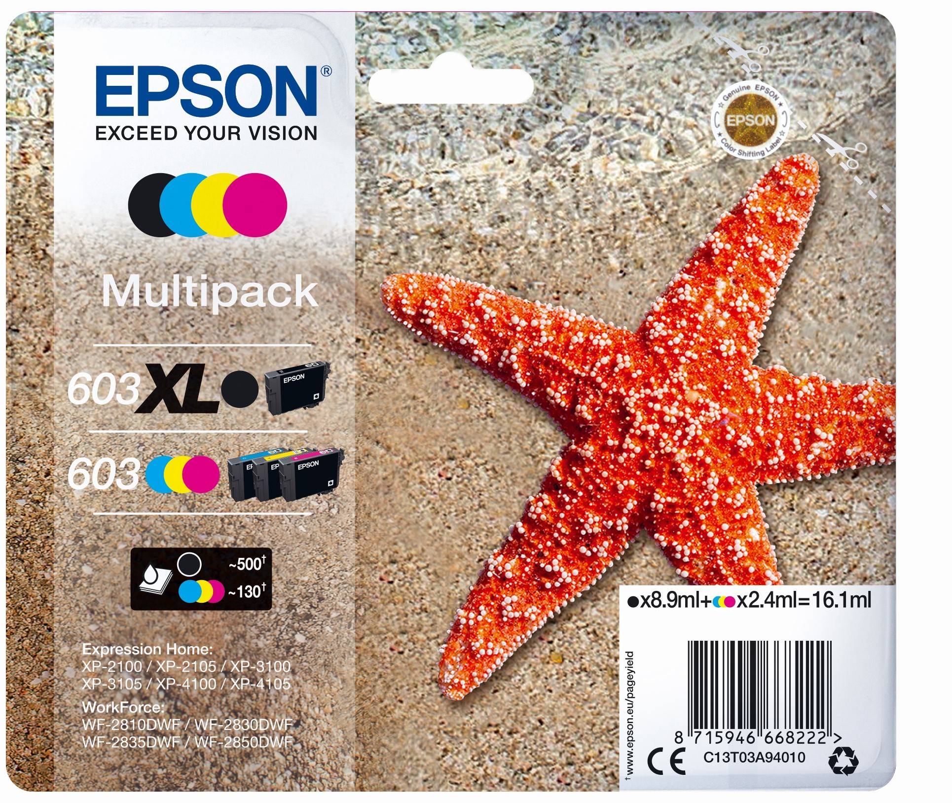 Epson Multipack Tintenpatronenpackung mit rotem Seesternbild, gekennzeichnet mit 603 XL und 603; zeigt kompatible Drucker und Informationen zu Schwarztinte, Cyan-, Magenta-, Gelbtintenertrag.
