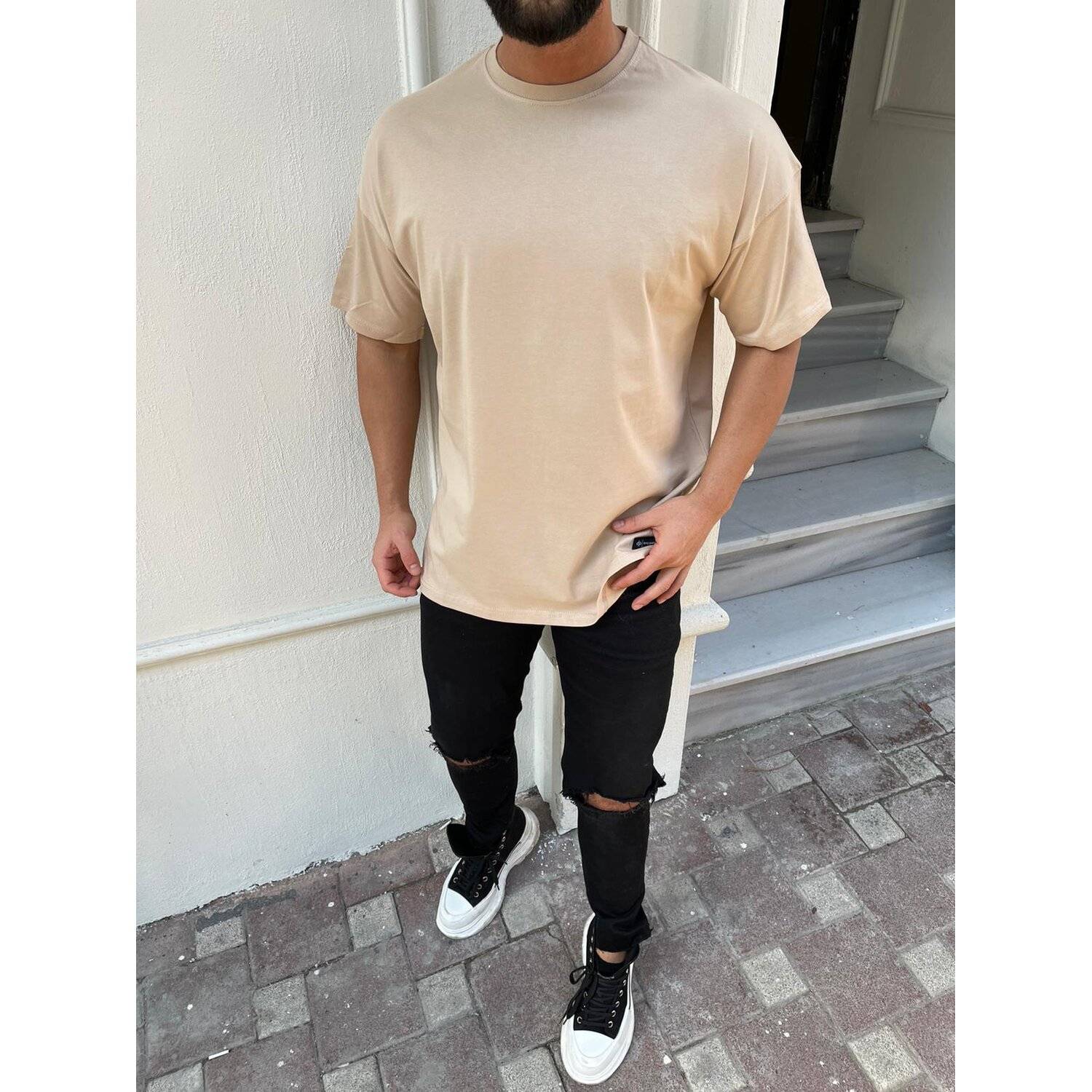 Oversize Herren Kurzarm T-Shirt Weiter Auschnitt Extra Lang Rundhals Herrenshirt L Beige