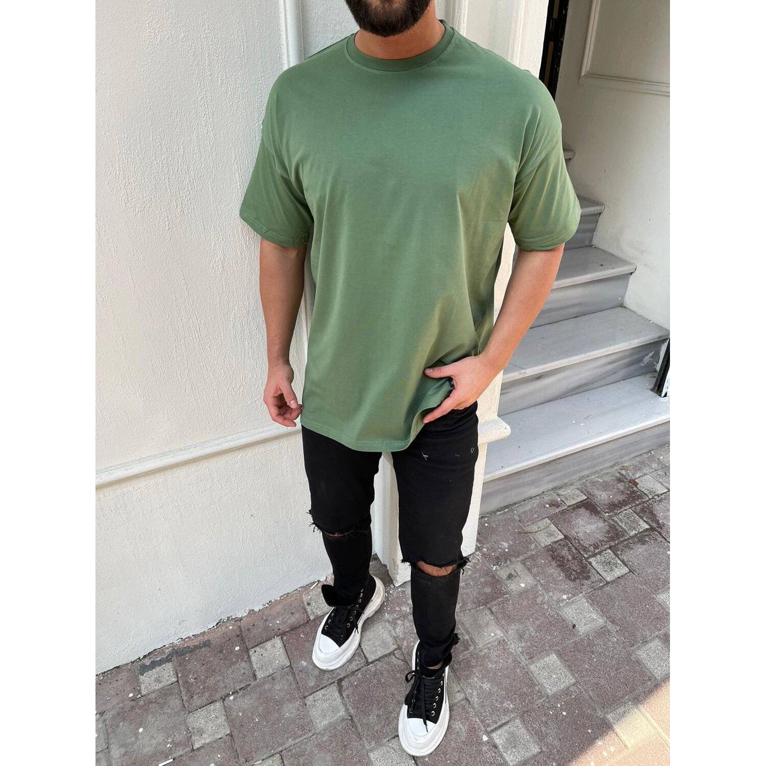 Oversize Herren Kurzarm T-Shirt Weiter Auschnitt Extra Lang Rundhals Herrenshirt L Grün