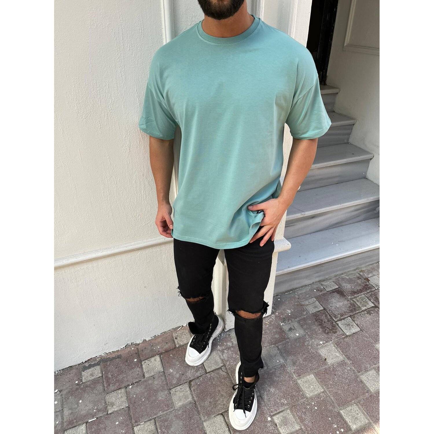 Oversize Herren Kurzarm T-Shirt Weiter Auschnitt Extra Lang Rundhals Dicker Stoff Herrenshirt L Mintgrün