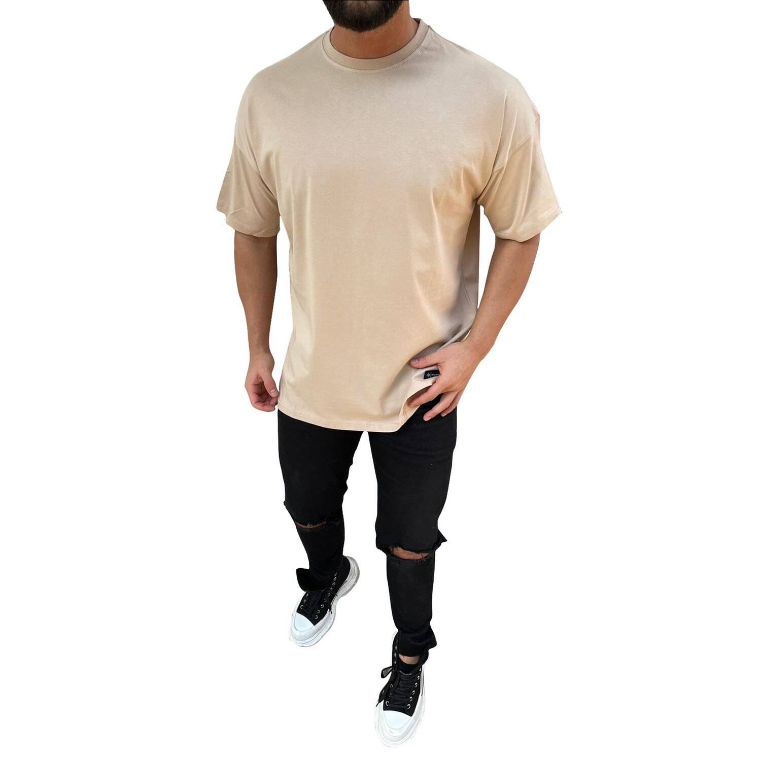 Oversize Herren Kurzarm T-Shirt Weiter Auschnitt Extra Lang Rundhals Herrenshirt M Beige