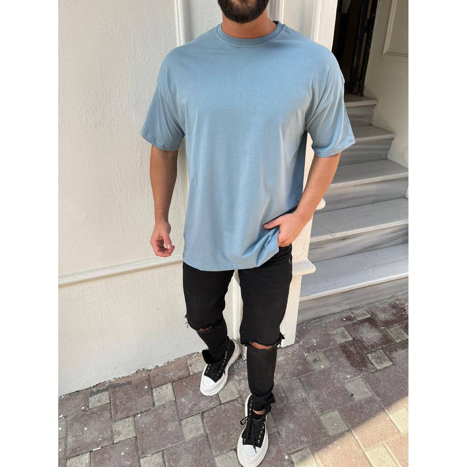 Oversize Herren Kurzarm T-Shirt Weiter Auschnitt Extra Lang Rundhals Herrenshirt M Blau
