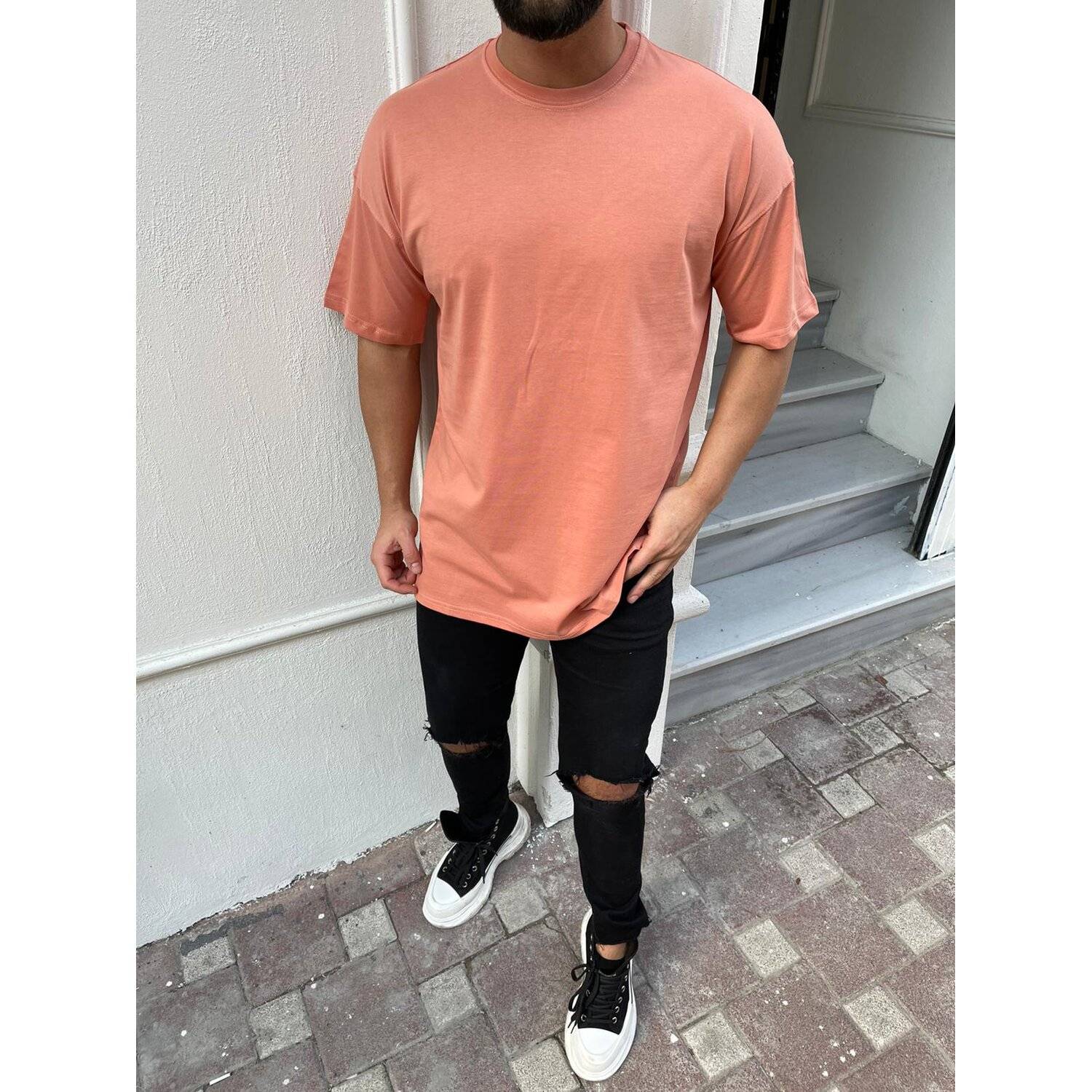 Oversize Herren Kurzarm T-Shirt Weiter Auschnitt Extra Lang Rundhals Dicker Stoff Herrenshirt M Melone