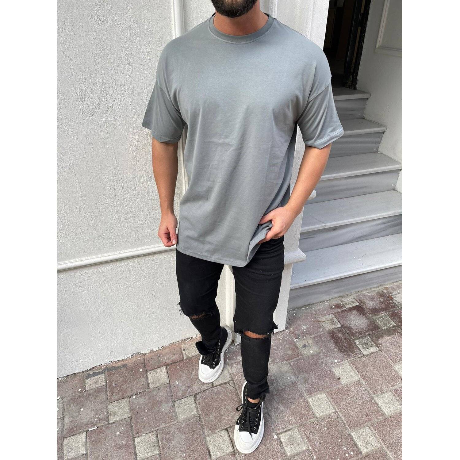 Oversize Herren Kurzarm T-Shirt Weiter Auschnitt Extra Lang Rundhals Herrenshirt S Grau