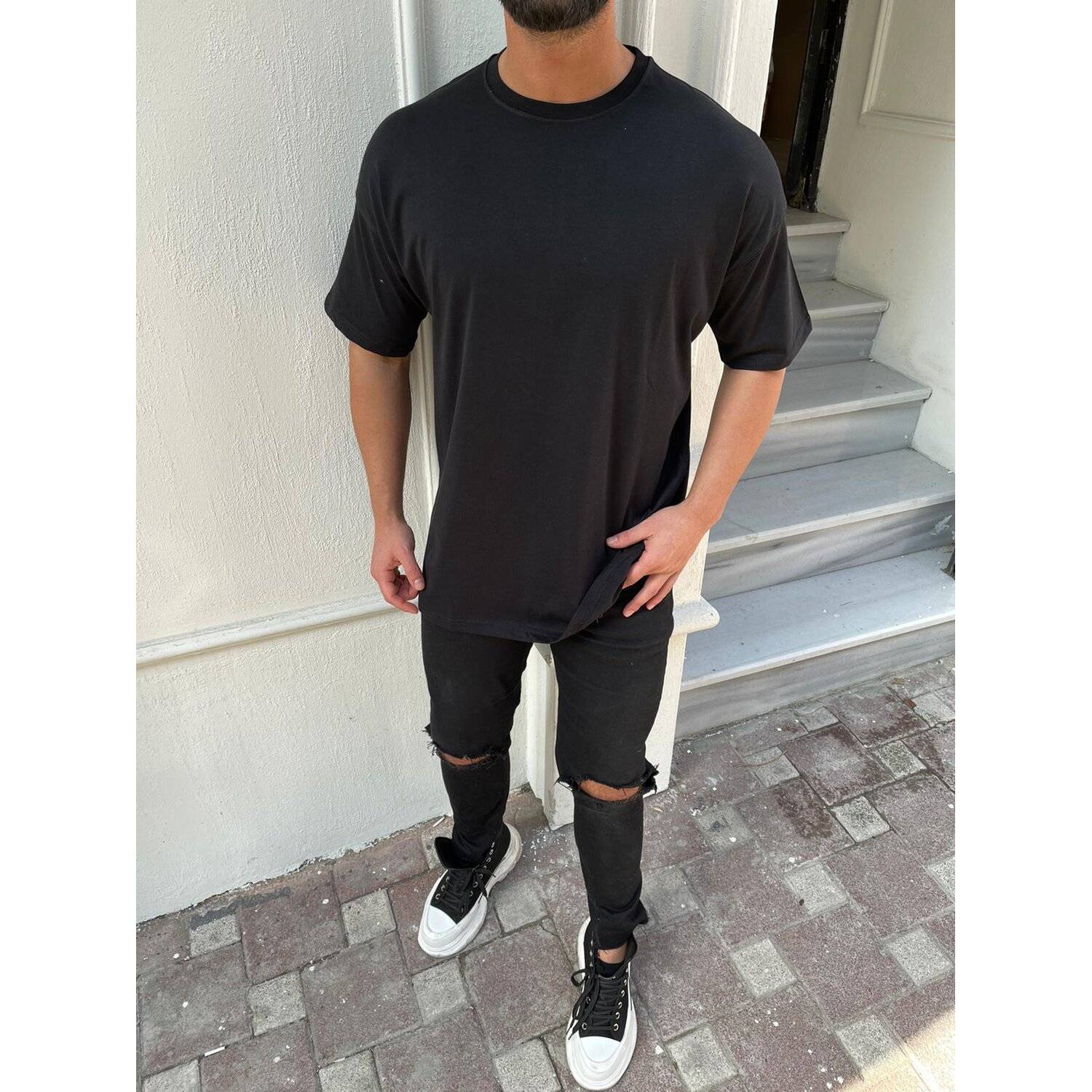 Oversize Herren Kurzarm T-Shirt Weiter Auschnitt Extra Lang Rundhals Dicker Stoff Herrenshirt S Schwarz