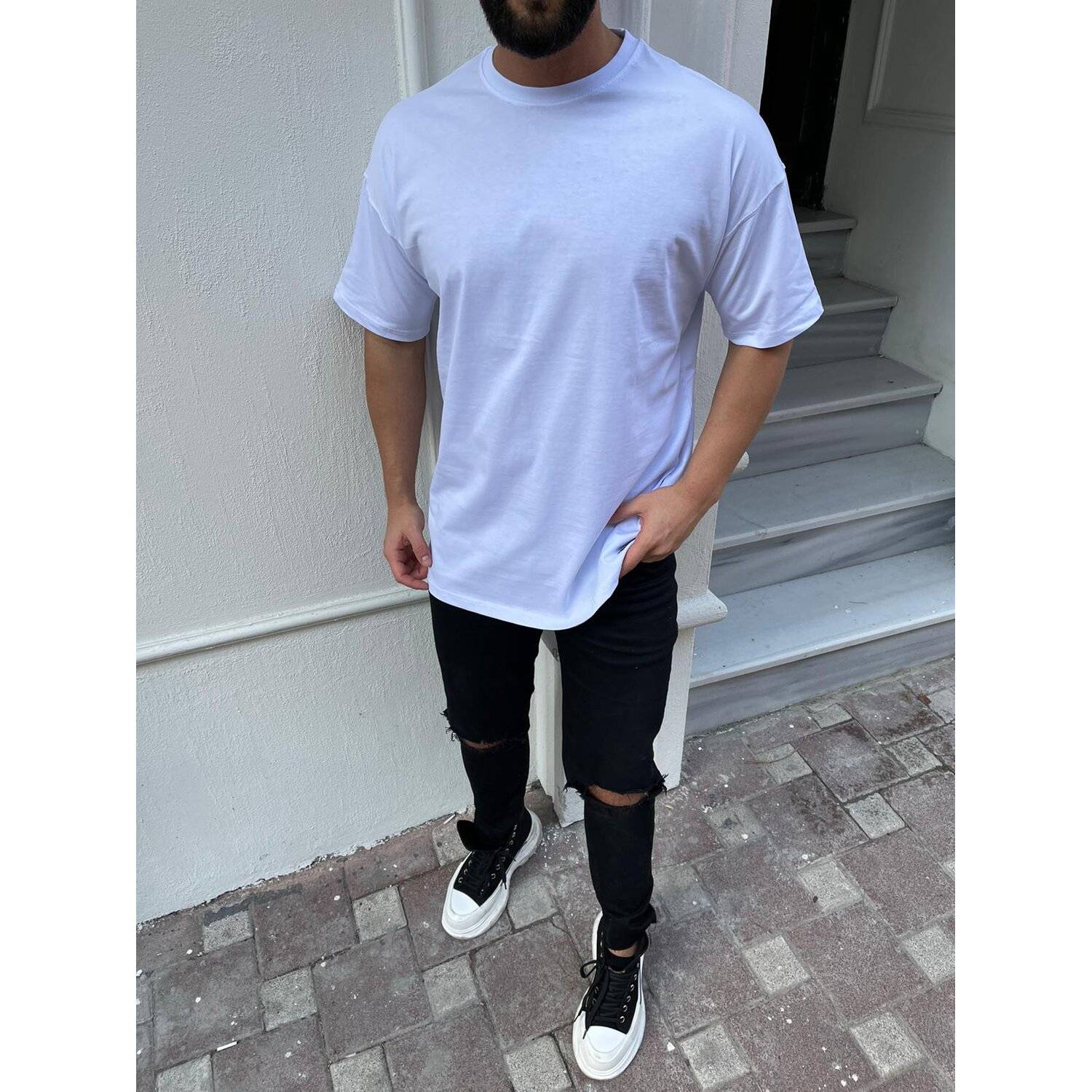 Oversize Herren Kurzarm T-Shirt Weiter Auschnitt Extra Lang Rundhals Dicker Stof Herrenshirt S Weiß