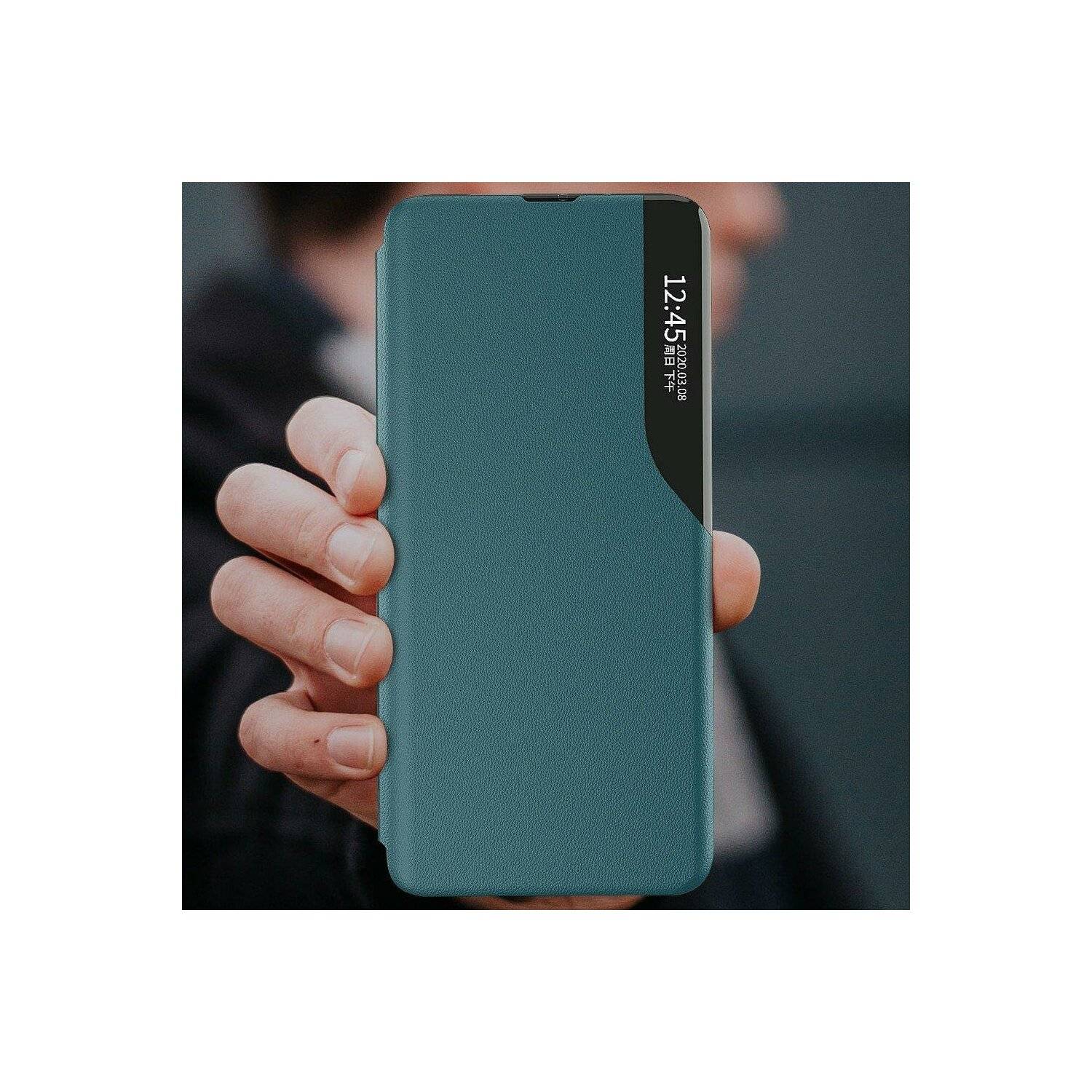 Eco Leather View Case Buch Tasche Leder Handyhülle Standfunktion für Samsung Galaxy A42 5G (A425F) Schwarz