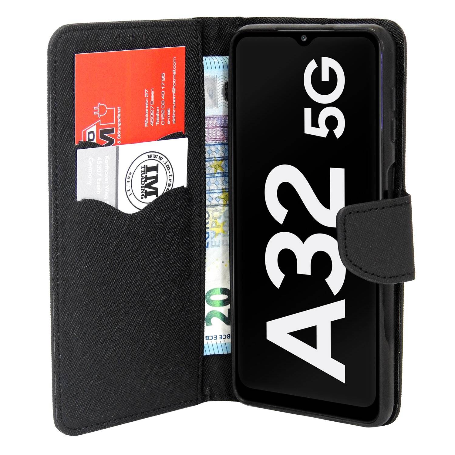 Buch Tasche "Fancy" für Samsung Galaxy A32 5G Handy Hülle Brieftasche Schutzhülle mit Standfunktion, Kartenfach Schwarz