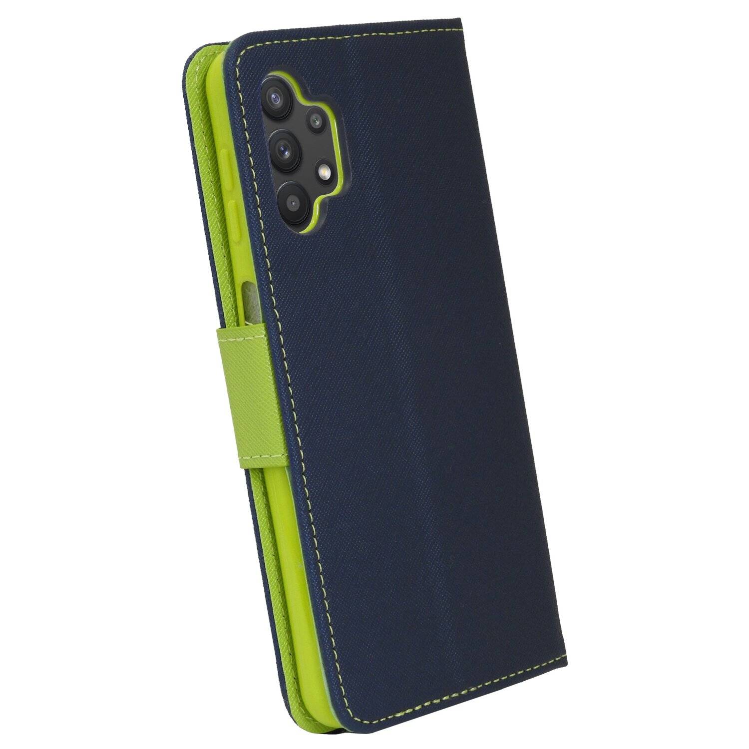 Buch Tasche "Fancy" für Samsung Galaxy A32 5G Handy Hülle Brieftasche Schutzhülle mit Standfunktion Kartenfach Blau-Grün