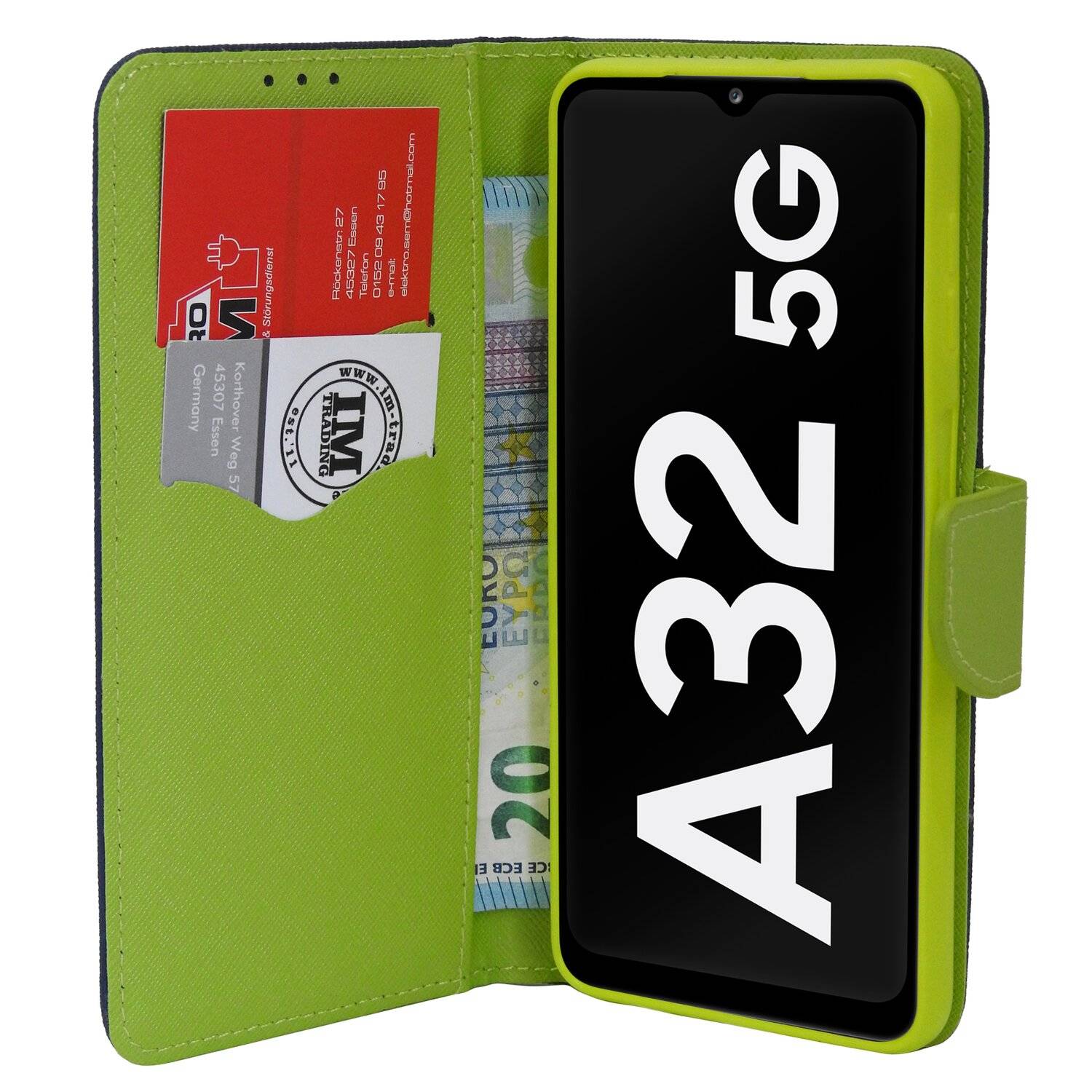 Buch Tasche "Fancy" für Samsung Galaxy A32 5G Handy Hülle Brieftasche Schutzhülle mit Standfunktion Kartenfach Blau-Grün
