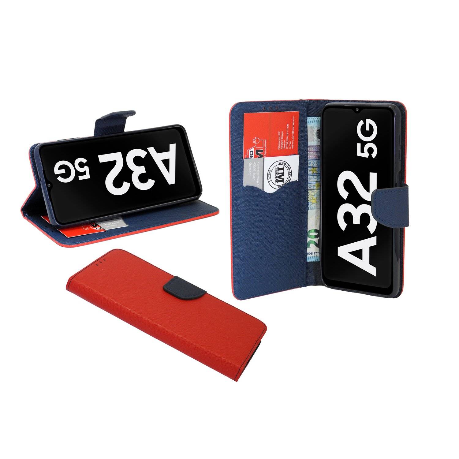 Buch Tasche "Fancy" für Samsung Galaxy A32 5G Handy Hülle Brieftasche Schutzhülle mit Standfunktion, Kartenfach Rot-Blau