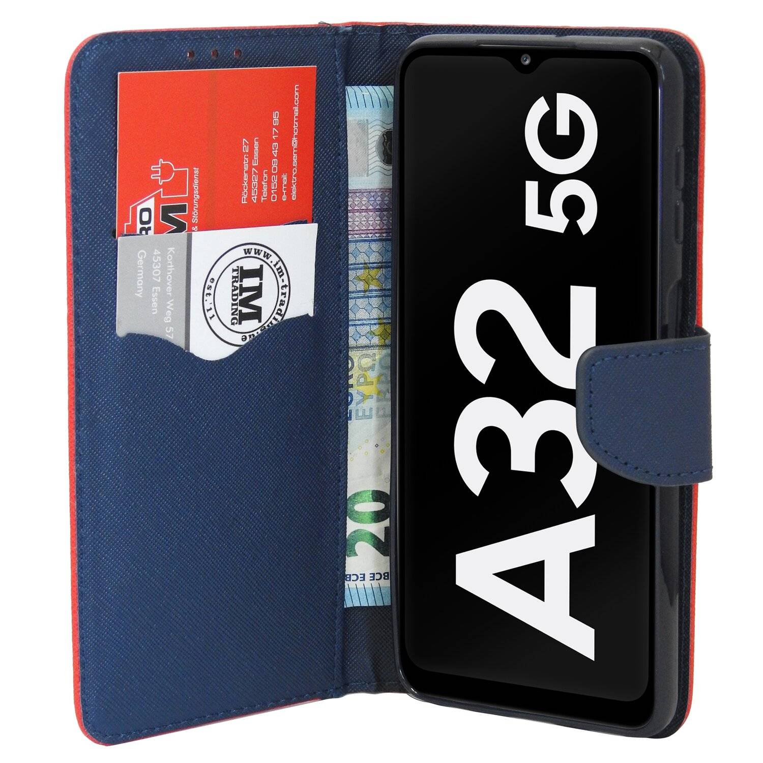 Buch Tasche "Fancy" für Samsung Galaxy A32 5G Handy Hülle Brieftasche Schutzhülle mit Standfunktion, Kartenfach Rot-Blau