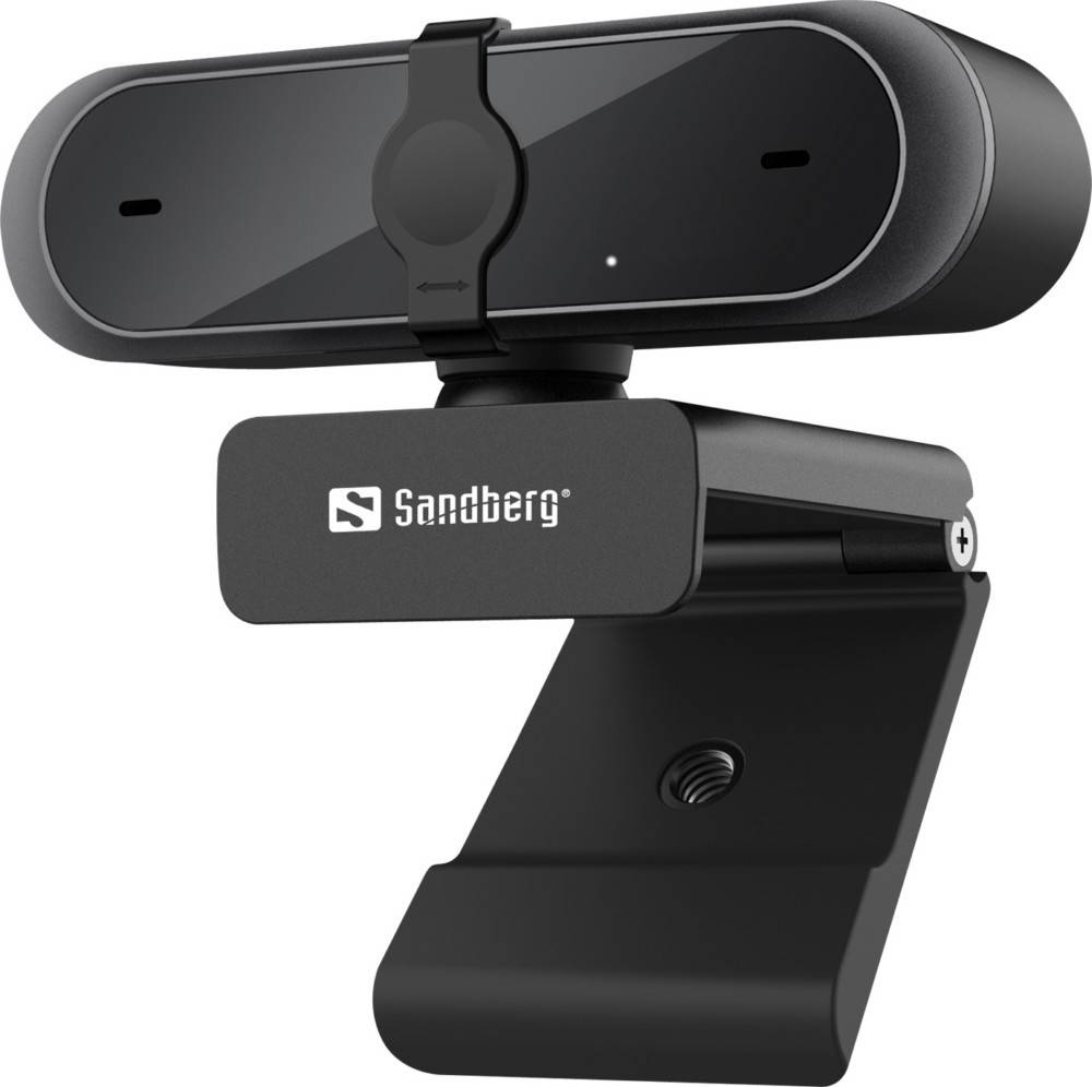 Eine schwarze Webcam mit Dualmikrofonen, an einer Klemme befestigt, mit dem Logo 'Sandberg' auf der Vorderseite. Entwickelt für Videoanrufe und Streaming.