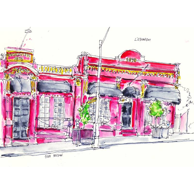 Eine lebendige Aquarellillustration eines rosa Gebäudes mit der Aufschrift 