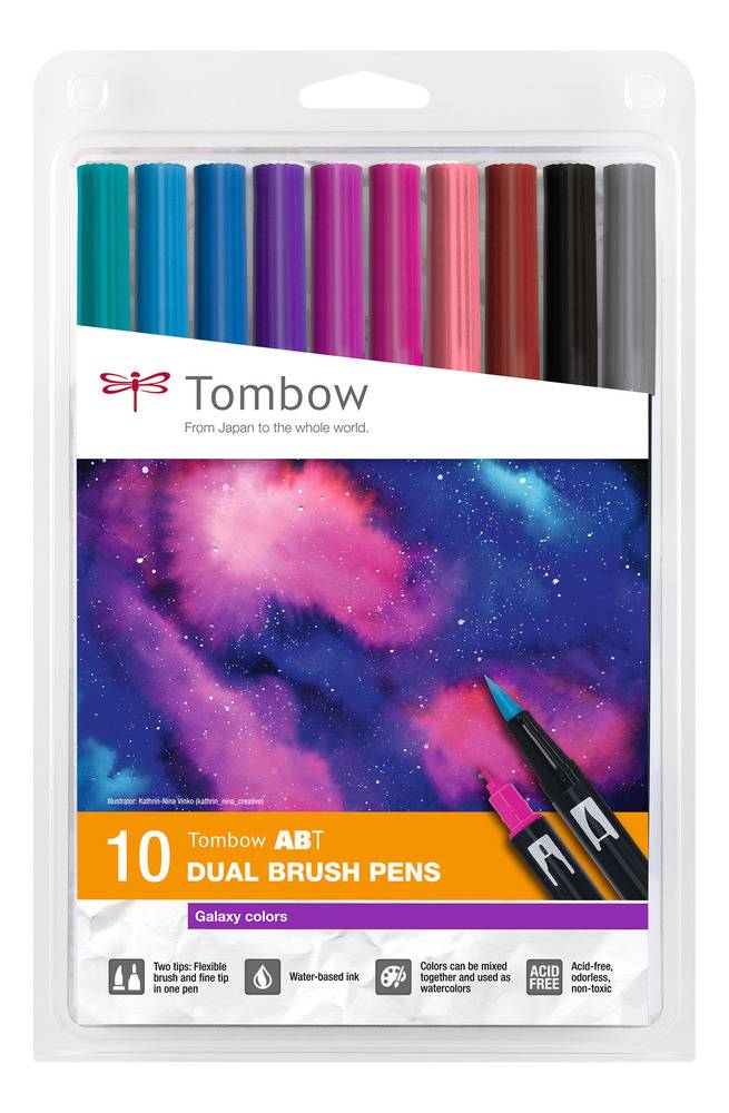 Tombow Dual Brush Pens Packung mit 10 lebendigen Farben und einer Illustration einer farbenfrohen Nebula. Enthält eine mischbare Markerspitze.
